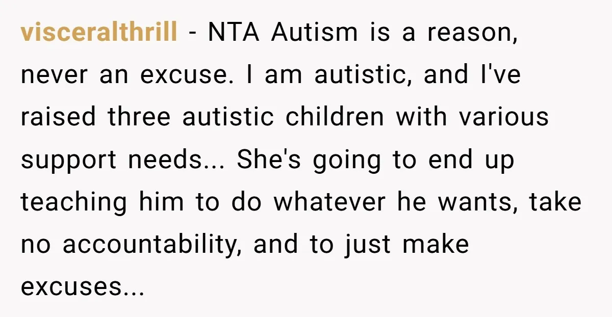 visceralthrill − NTA Autism is a reason, never an excuse. I am autistic, and I've raised three autistic children with various support needs... She's going to end up teaching him...