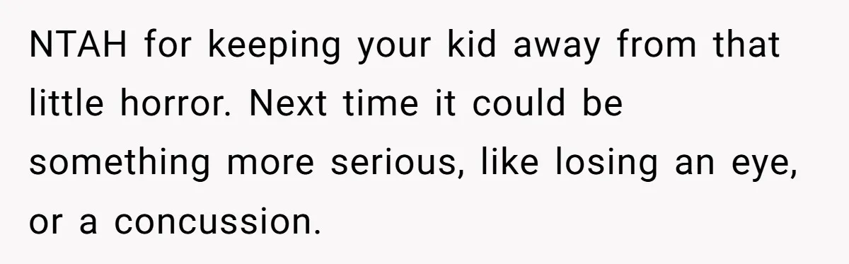 NTAH for keeping your kid away from that little horror. Next time it could be something more serious, like losing an eye, or a concussion.