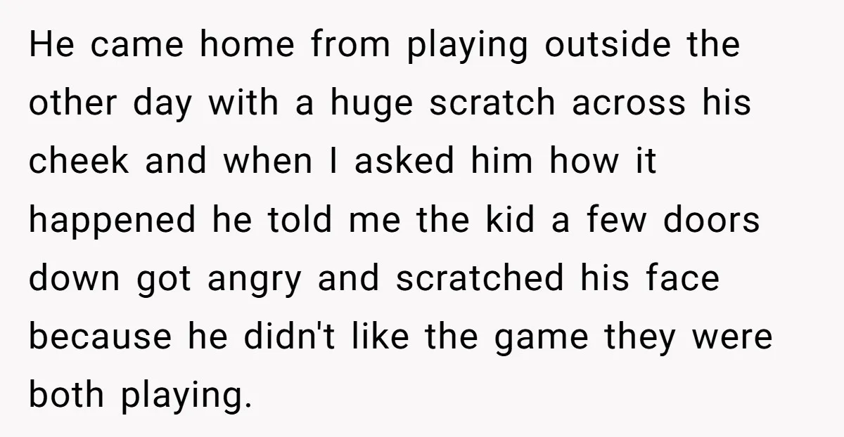 He came home from playing outside the other day with a huge scratch across his cheek and when I asked him how it happened he told me the kid a...