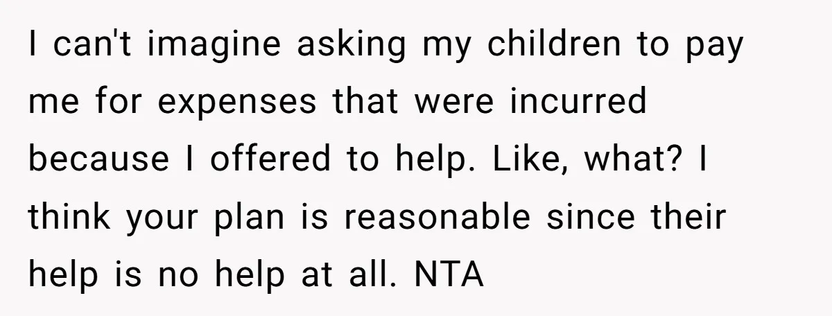 I can't imagine asking my children to pay me for expenses that were incurred because I offered to help. Like, what? I think your plan is reasonable since their help...