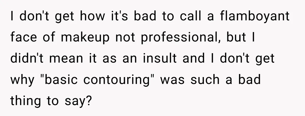 I don't get how it's bad to call a flamboyant face of makeup not professional, but I didn't mean it as an insult and I don't get why "basic contouring"...
