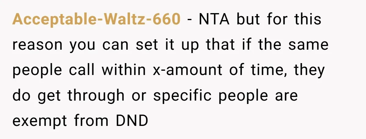 Acceptable-Waltz-660 − NTA but for this reason you can set it up that if the same people call within x-amount of time, they do get through or specific people are...
