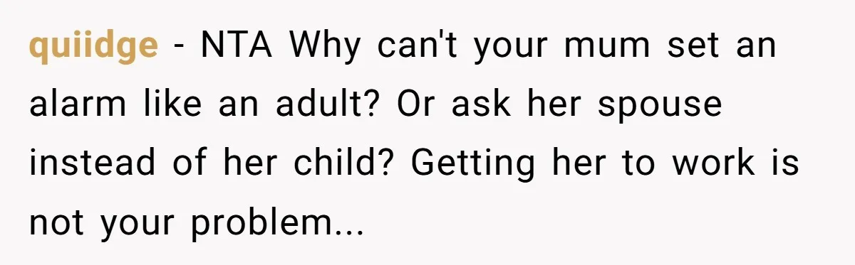 quiidge − NTA Why can't your mum set an alarm like an adult? Or ask her spouse instead of her child? Getting her to work is not your problem...