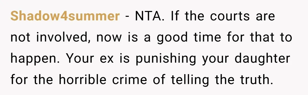 Shadow4summer − NTA. If the courts are not involved, now is a good time for that to happen. Your ex is punishing your daughter for the horrible crime of telling...