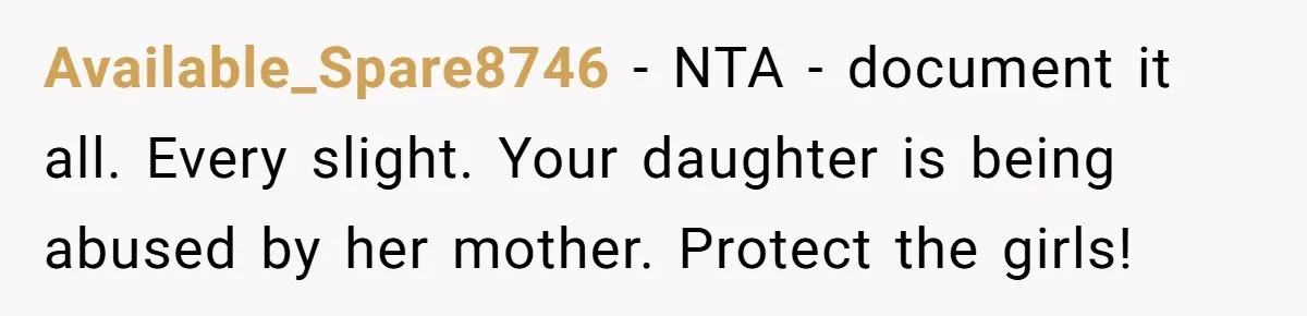 Available_Spare8746 − NTA - document it all. Every slight. Your daughter is being abused by her mother. Protect the girls!