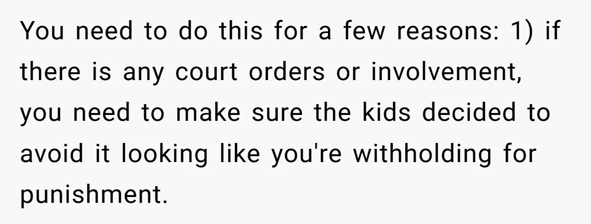 You need to do this for a few reasons: 1) if there is any court orders or involvement, you need to make sure the kids decided to avoid it looking...