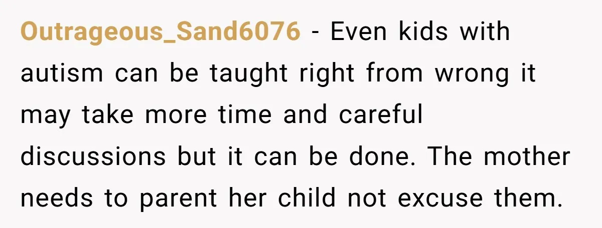 Outrageous_Sand6076 − Even kids with autism can be taught right from wrong it may take more time and careful discussions but it can be done. The mother needs to parent...