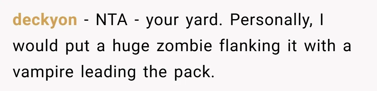deckyon − NTA - your yard. Personally, I would put a huge zombie flanking it with a vampire leading the pack.