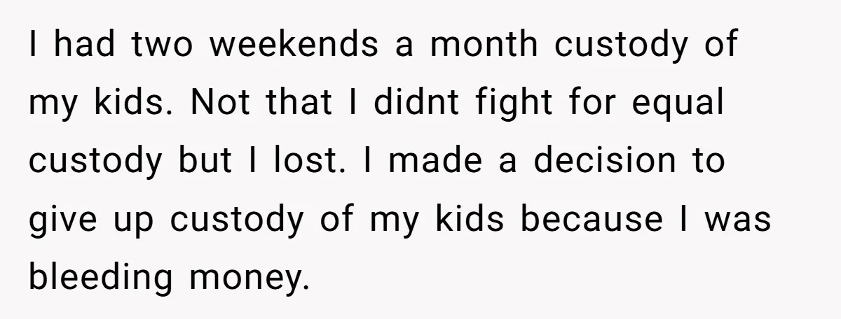 I had two weekends a month custody of my kids. Not that I didnt fight for equal custody but I lost. I made a decision to give up custody of...