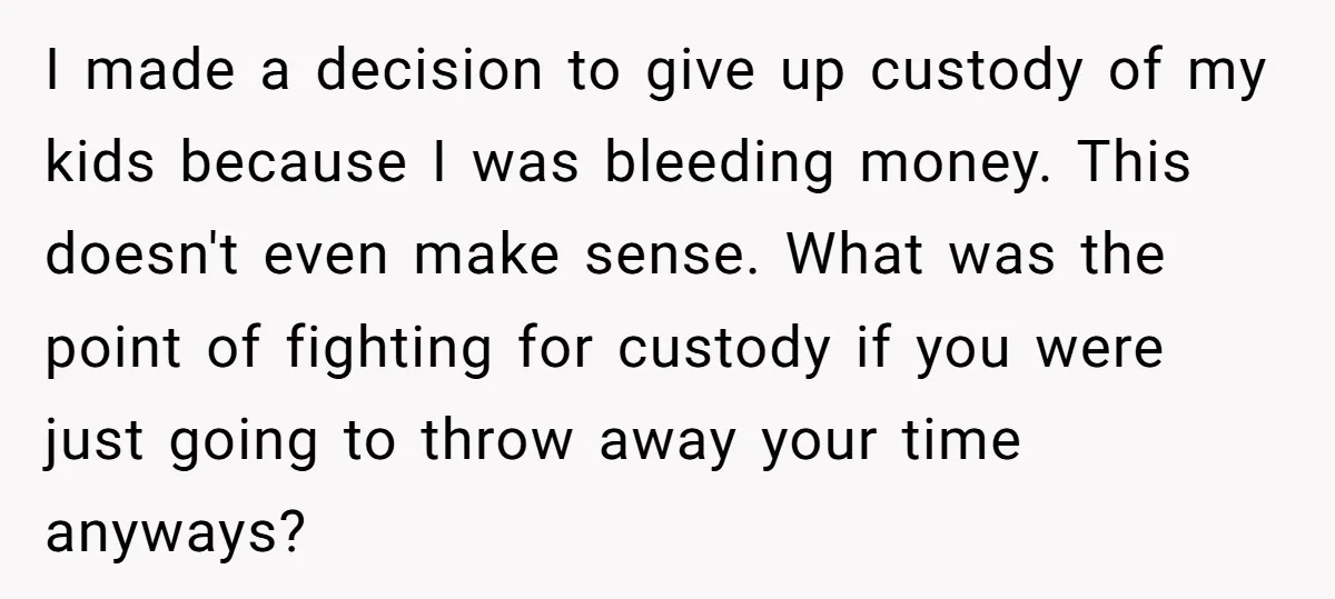I made a decision to give up custody of my kids because I was bleeding money. This doesn't even make sense. What was the point of fighting for custody if...