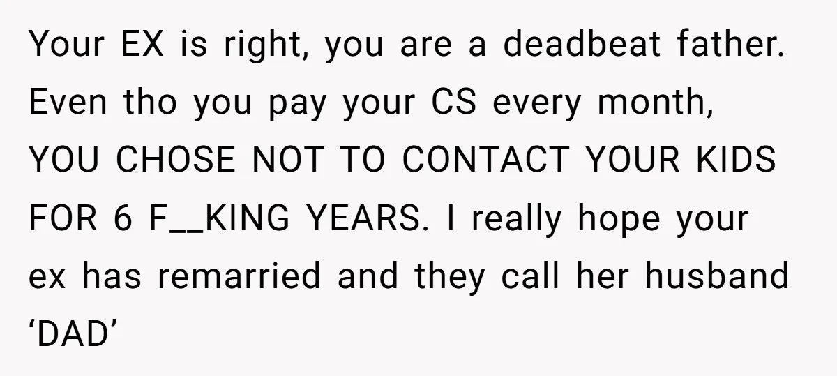 Your EX is right, you are a deadbeat father. Even tho you pay your CS every month, YOU CHOSE NOT TO CONTACT YOUR KIDS FOR 6 F__KING YEARS. I really...