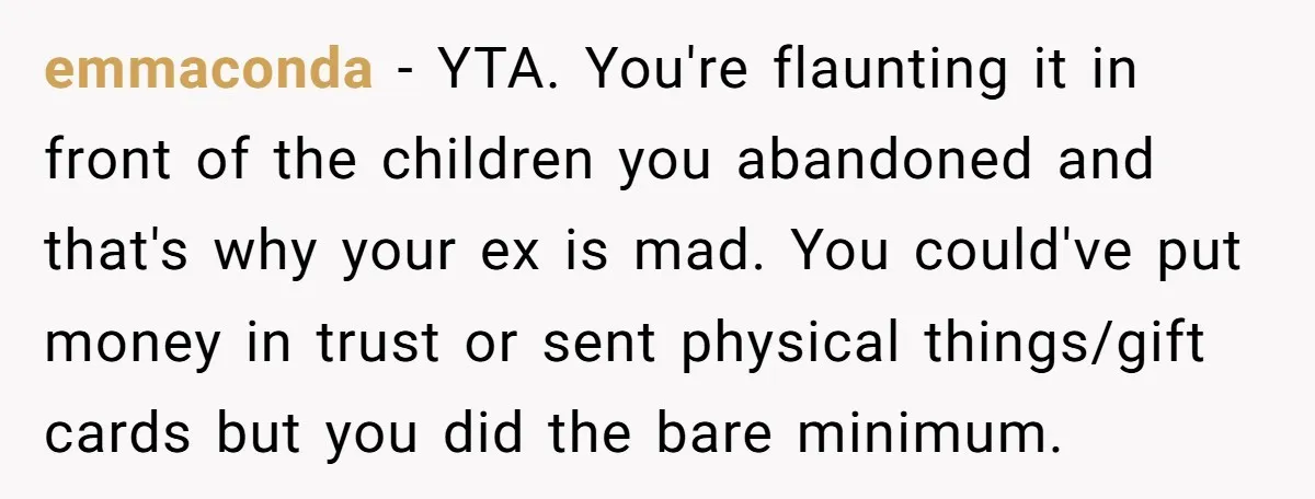 emmaconda − YTA. You're flaunting it in front of the children you abandoned and that's why your ex is mad. You could've put money in trust or sent physical things/gift...