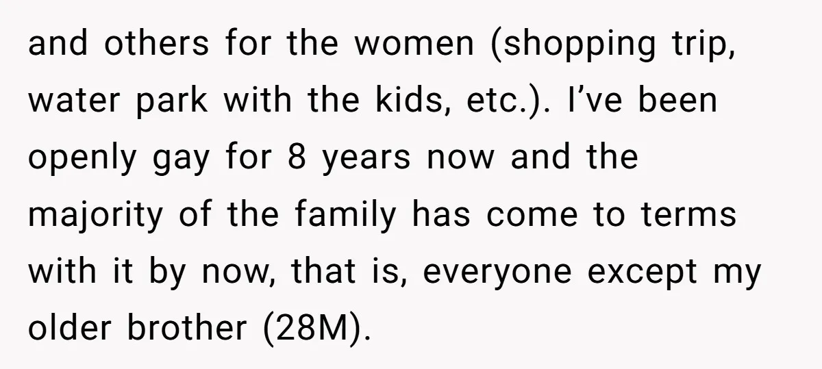 and others for the women (shopping trip, water park with the kids, etc.). I’ve been openly gay for 8 years now and the majority of the family has come to...