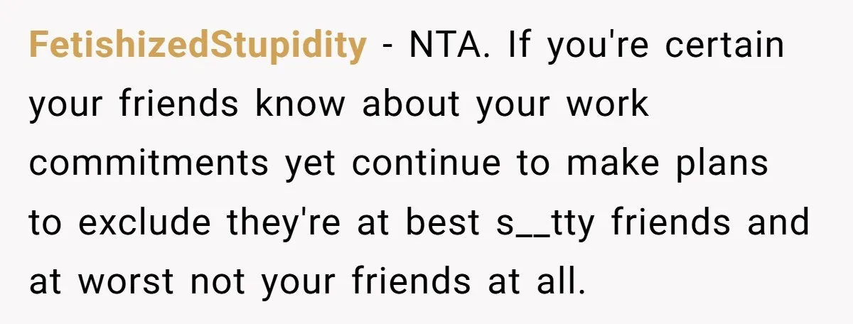 FetishizedStupidity − NTA. If you're certain your friends know about your work commitments yet continue to make plans to exclude they're at best s__tty friends and at worst not your...