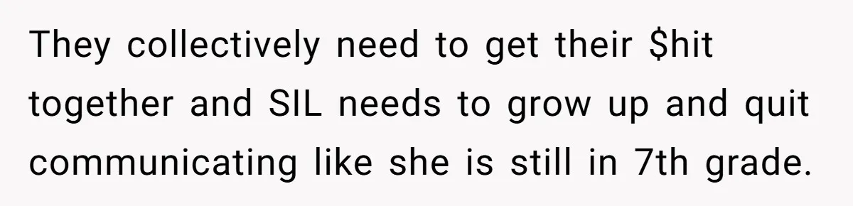 They collectively need to get their $hit together and SIL needs to grow up and quit communicating like she is still in 7th grade.