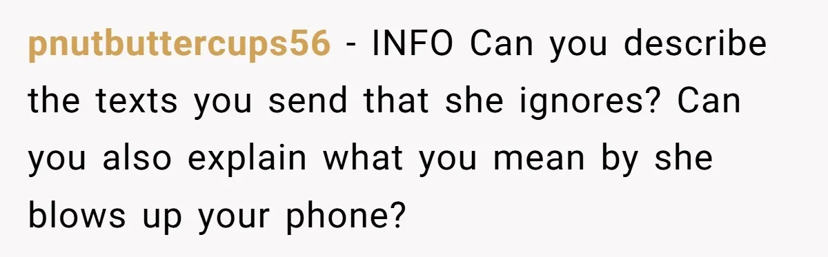 pnutbuttercups56 − INFO Can you describe the texts you send that she ignores? Can you also explain what you mean by she blows up your phone?