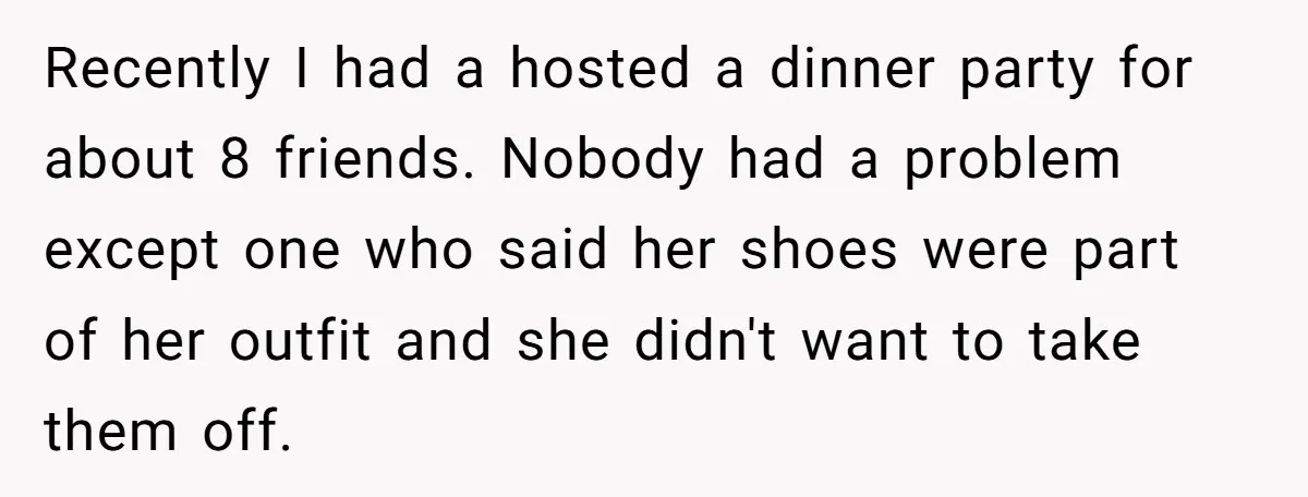 Recently I had a hosted a dinner party for about 8 friends. Nobody had a problem except one who said her shoes were part of her outfit and she didn't...