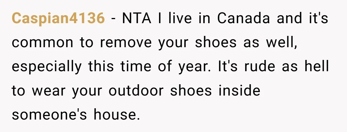 Caspian4136 − NTA I live in Canada and it's common to remove your shoes as well, especially this time of year. It's rude as hell to wear your outdoor shoes...