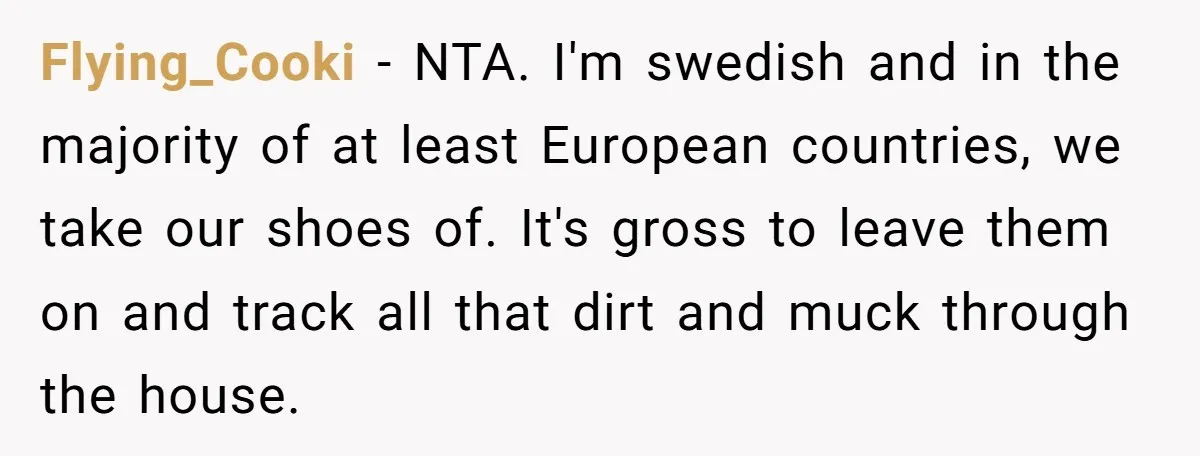 Flying_Cooki − NTA. I'm swedish and in the majority of at least European countries, we take our shoes of. It's gross to leave them on and track all that dirt...