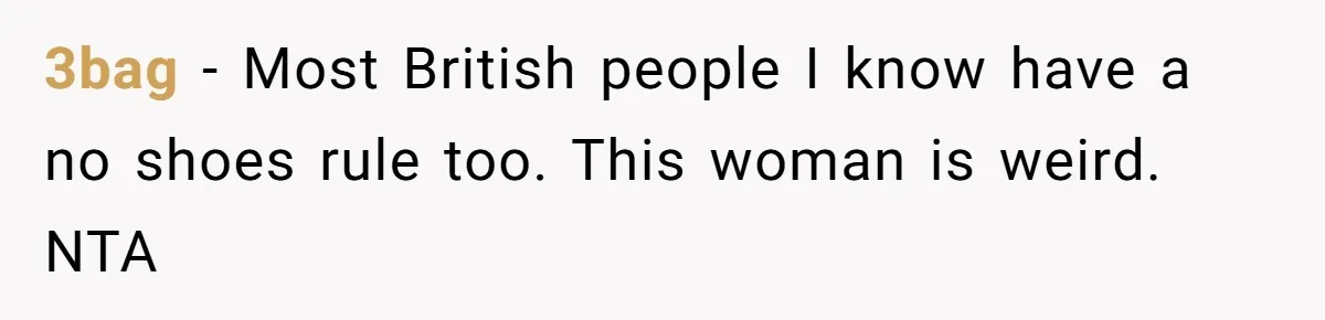 3bag − Most British people I know have a no shoes rule too. This woman is weird. NTA