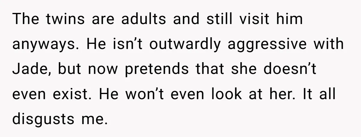 The twins are adults and still visit him anyways. He isn’t outwardly aggressive with Jade, but now pretends that she doesn’t even exist. He won’t even look at her. It...