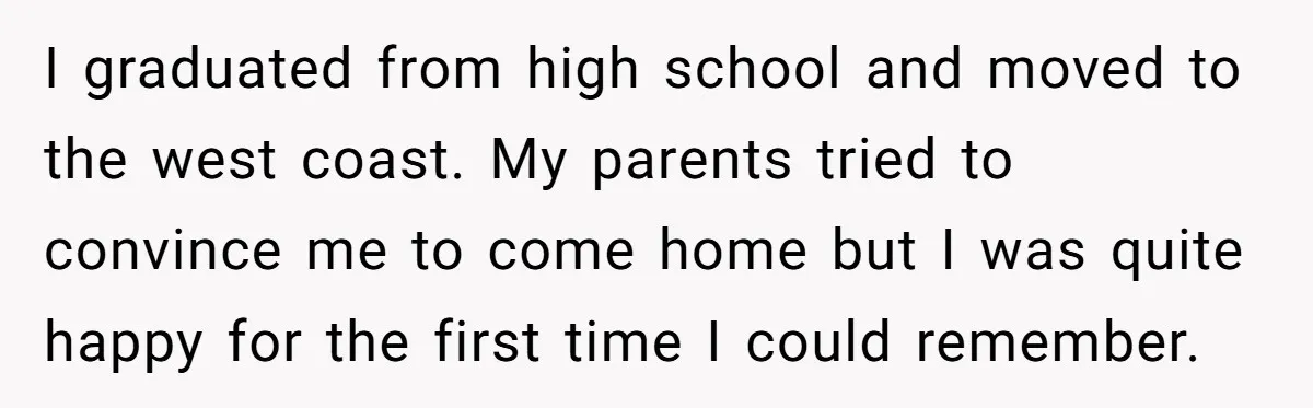 I graduated from high school and moved to the west coast. My parents tried to convince me to come home but I was quite happy for the first time I...