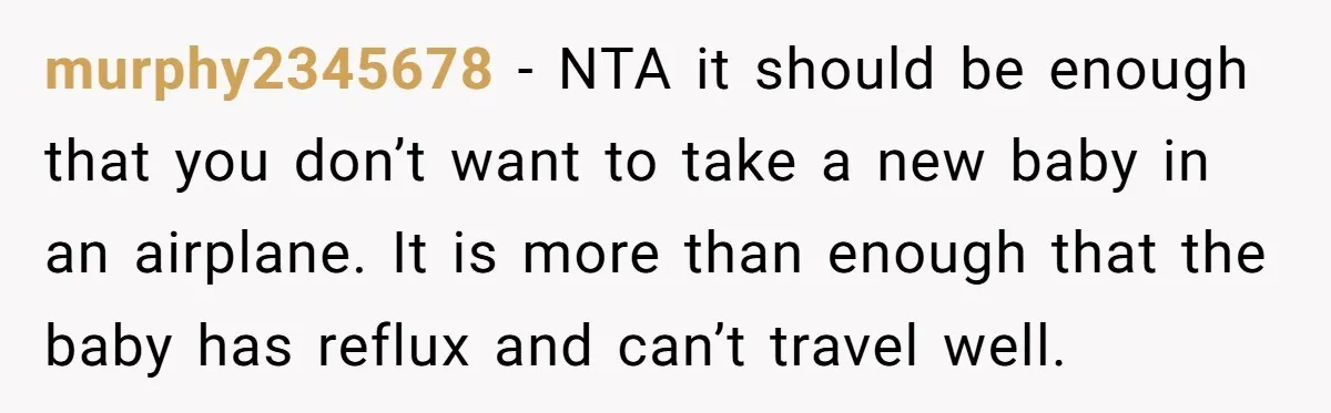 murphy2345678 − NTA it should be enough that you don’t want to take a new baby in an airplane. It is more than enough that the baby has reflux and...