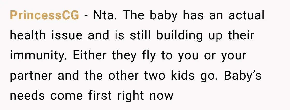 PrincessCG − Nta. The baby has an actual health issue and is still building up their immunity. Either they fly to you or your partner and the other two kids...
