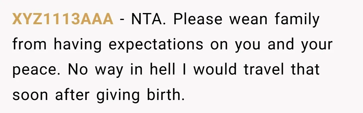 XYZ1113AAA − NTA. Please wean family from having expectations on you and your peace. No way in hell I would travel that soon after giving birth.