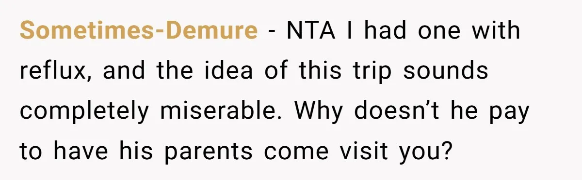 Sometimes-Demure − NTA I had one with reflux, and the idea of this trip sounds completely miserable. Why doesn’t he pay to have his parents come visit you?