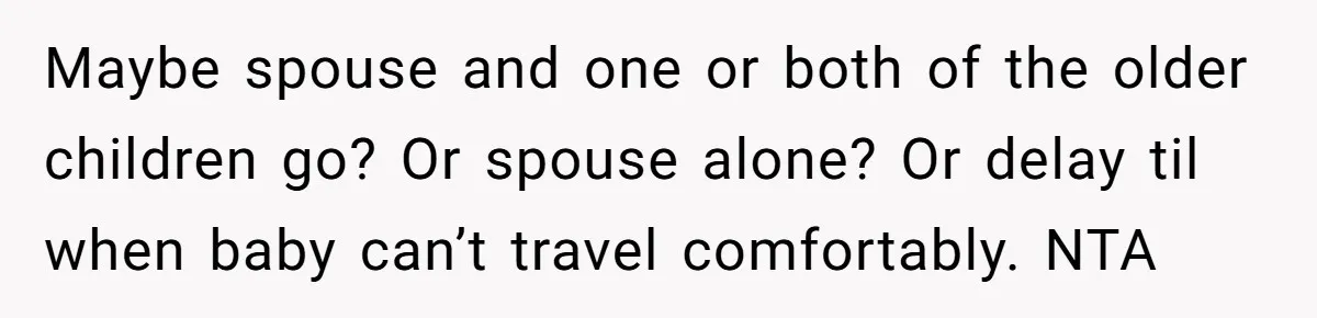 Maybe spouse and one or both of the older children go? Or spouse alone? Or delay til when baby can’t travel comfortably. NTA