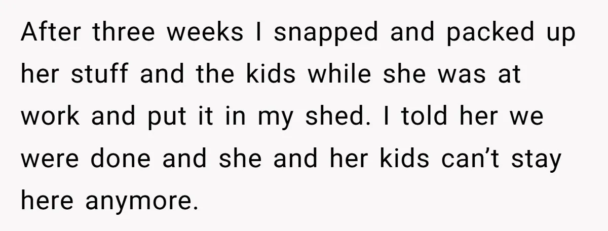 After three weeks I snapped and packed up her stuff and the kids while she was at work and put it in my shed. I told her we were done...