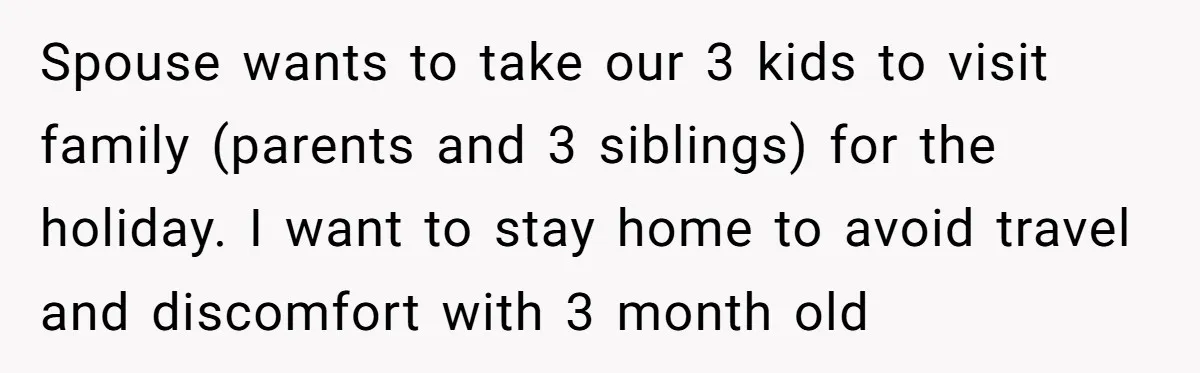 Spouse wants to take our 3 kids to visit family (parents and 3 siblings) for the holiday. I want to stay home to avoid travel and discomfort with 3 month...