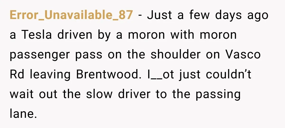 Error_Unavailable_87 − Just a few days ago a Tesla driven by a moron with moron passenger pass on the shoulder on Vasco Rd leaving Brentwood. I__ot just couldn’t wait out...