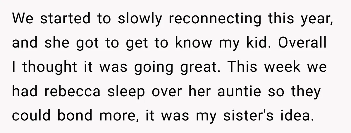 We started to slowly reconnecting this year, and she got to get to know my kid. Overall I thought it was going great. This week we had rebecca sleep over...