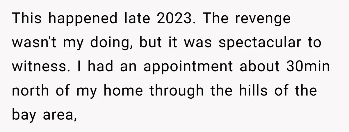 This happened late 2023. The revenge wasn't my doing, but it was spectacular to witness. I had an appointment about 30min north of my home through the hills of the...