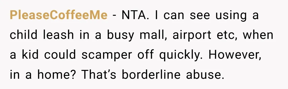 PleaseCoffeeMe − NTA. I can see using a child leash in a busy mall, airport etc, when a kid could scamper off quickly. However, in a home? That’s borderline abuse.