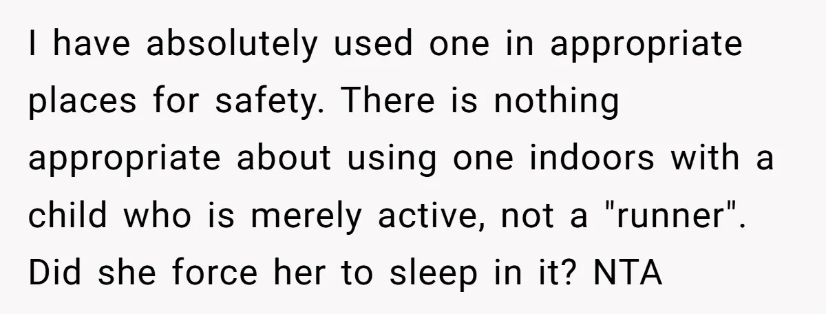 I have absolutely used one in appropriate places for safety. There is nothing appropriate about using one indoors with a child who is merely active, not a "runner". Did she...