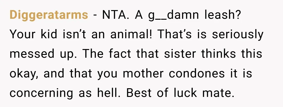 Diggeratarms − NTA. A g__damn leash? Your kid isn’t an animal! That’s is seriously messed up. The fact that sister thinks this okay, and that you mother condones it is...