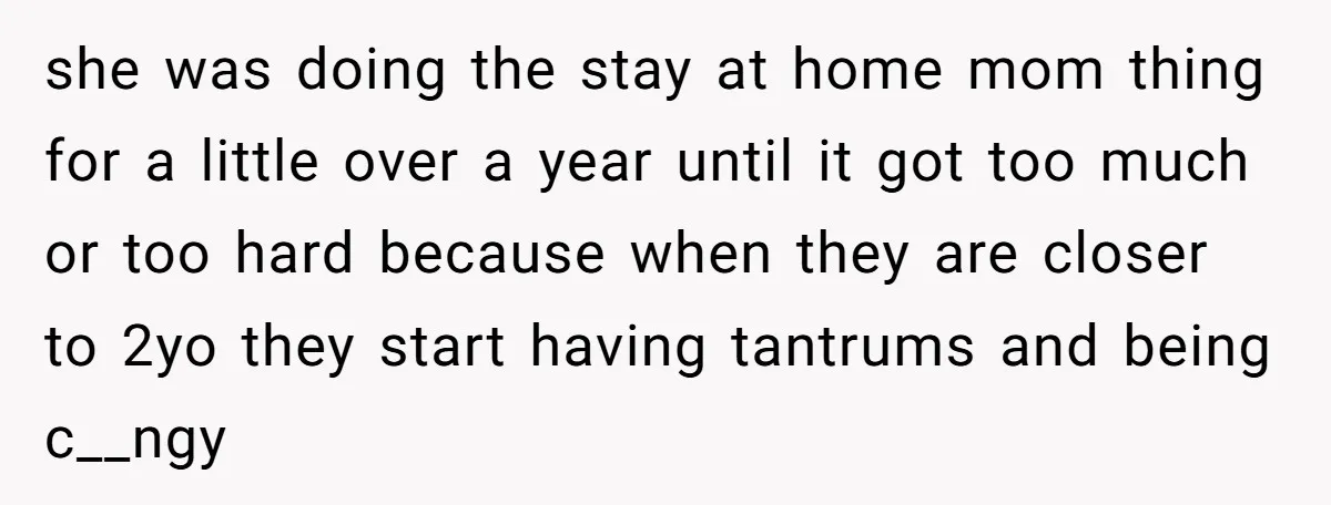 she was doing the stay at home mom thing for a little over a year until it got too much or too hard because when they are closer to 2yo...