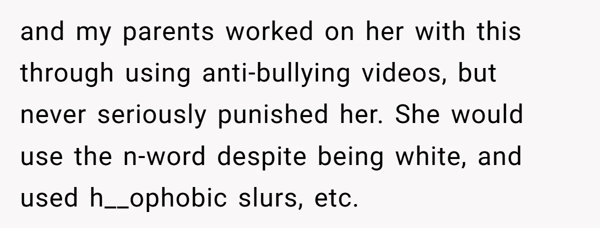 and my parents worked on her with this through using anti-bullying videos, but never seriously punished her. She would use the n-word despite being white, and used h__ophobic slurs, etc.