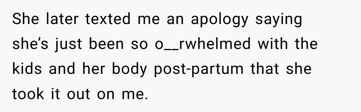 She later texted me an apology saying she’s just been so o__rwhelmed with the kids and her body post-partum that she took it out on me.