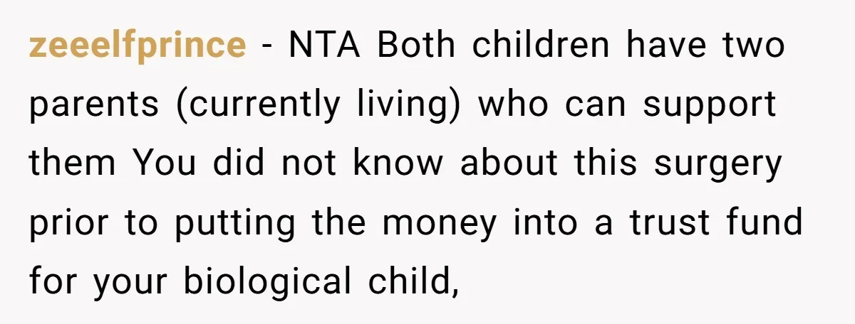 zeeelfprince − NTA Both children have two parents (currently living) who can support them You did not know about this surgery prior to putting the money into a trust fund...