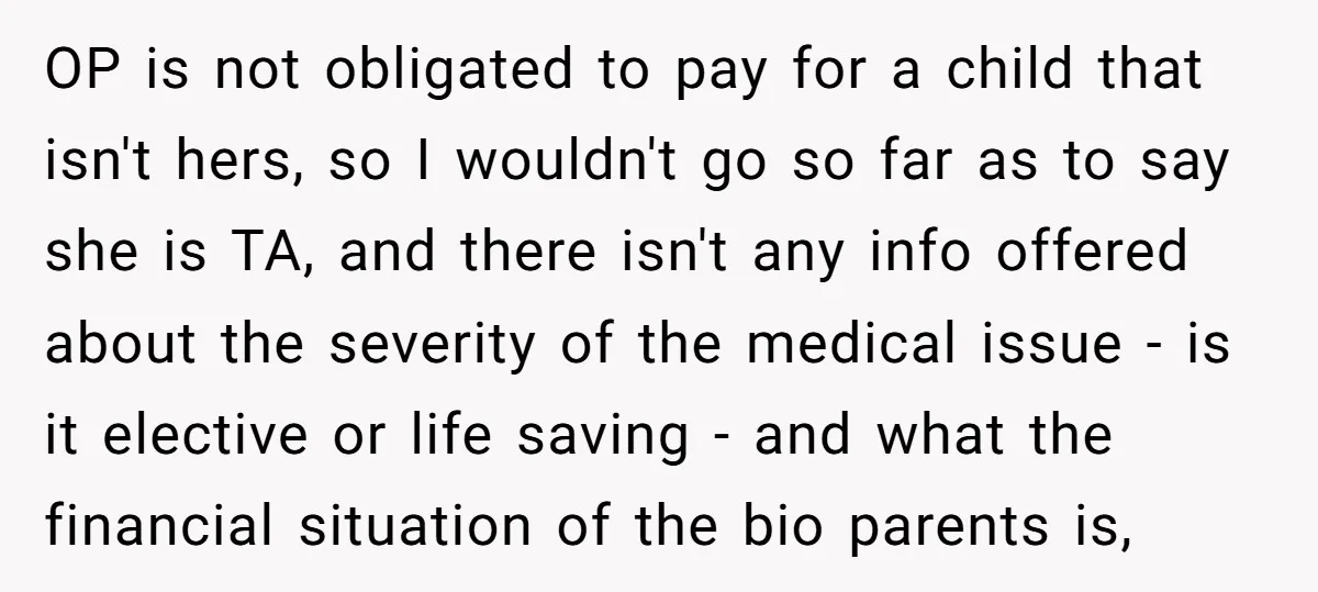 OP is not obligated to pay for a child that isn't hers, so I wouldn't go so far as to say she is TA, and there isn't any info offered...
