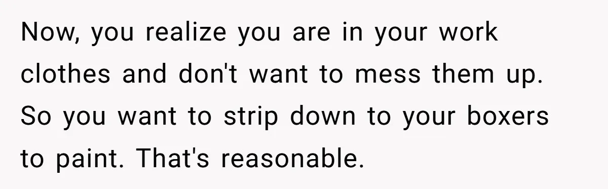 Now, you realize you are in your work clothes and don't want to mess them up. So you want to strip down to your boxers to paint. That's reasonable.