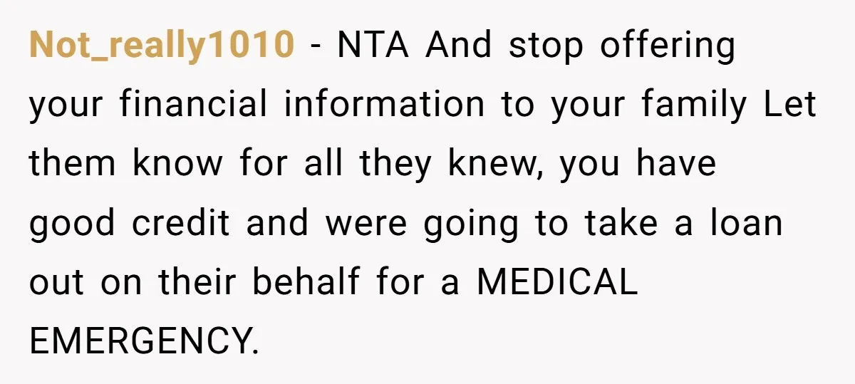 Not_really1010 − NTA And stop offering your financial information to your family Let them know for all they knew, you have good credit and were going to take a loan...
