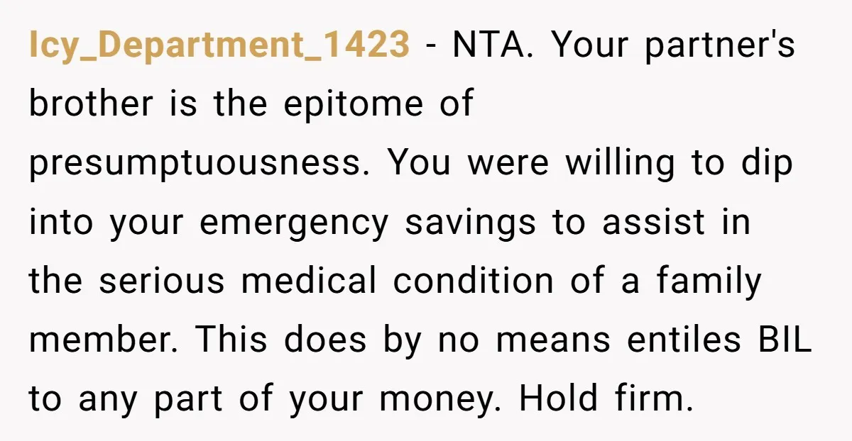 Icy_Department_1423 − NTA. Your partner's brother is the epitome of presumptuousness. You were willing to dip into your emergency savings to assist in the serious medical condition of a family...