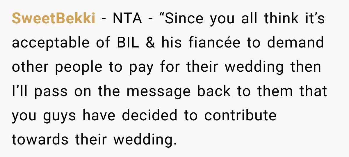 SweetBekki − NTA - “Since you all think it’s acceptable of BIL & his fiancée to demand other people to pay for their wedding then I’ll pass on the message...