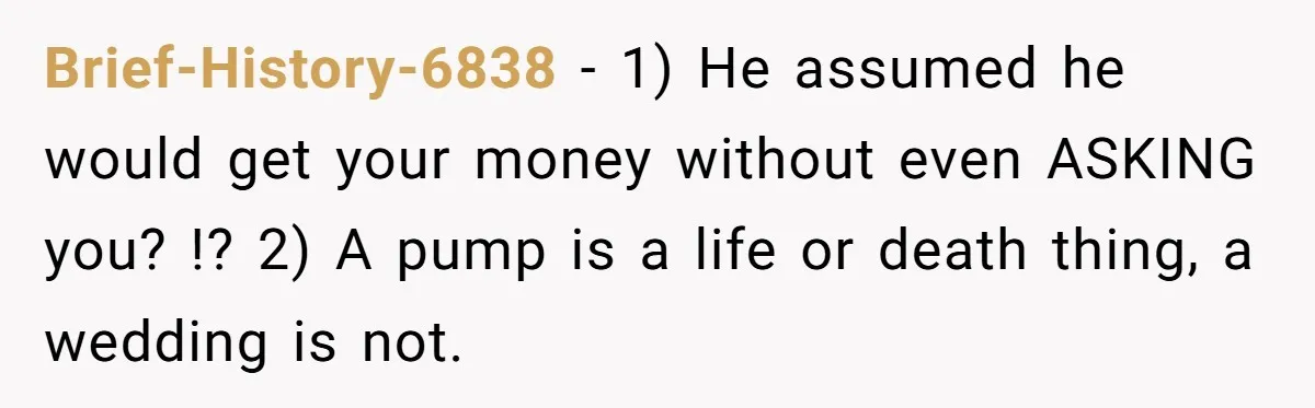 Brief-History-6838 − 1) He assumed he would get your money without even ASKING you? !? 2) A pump is a life or death thing, a wedding is not.