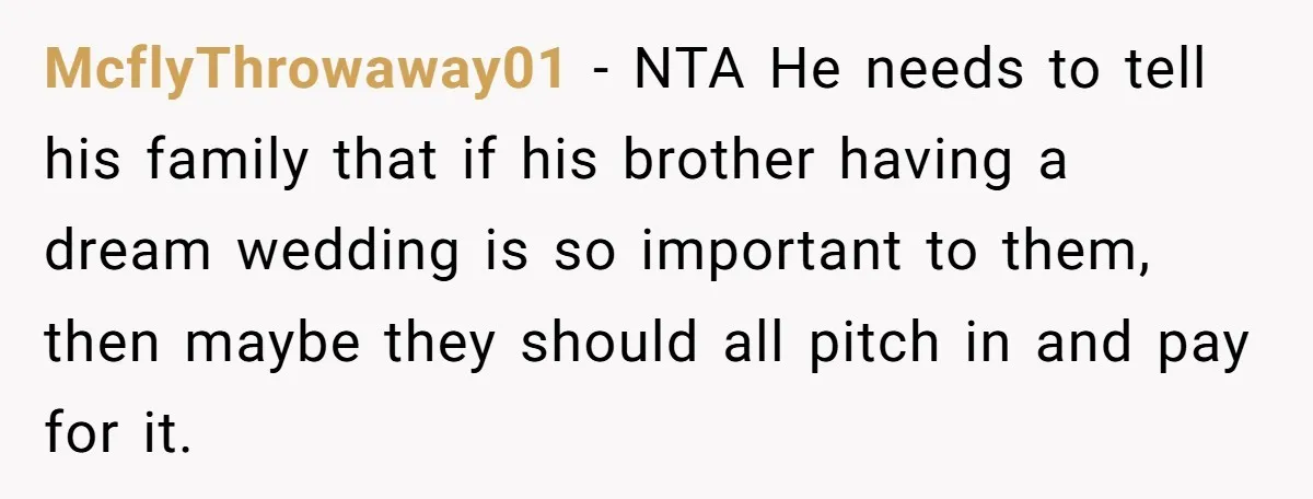 McflyThrowaway01 − NTA He needs to tell his family that if his brother having a dream wedding is so important to them, then maybe they should all pitch in and...